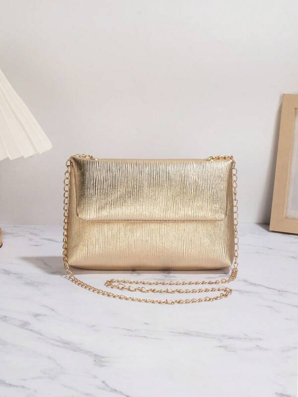 Nuevo bolso bandolera de cadena dorada estilo europeo y americano, bolso de almacenamiento portátil de moda, bolso de cena plisado de PU, bolso de hombro con solapa de unicolor, bolso de monedas y teléfono móvil con solapa, muy adecuado para mujeres, niñas, estudiantes, vuelta al colegio, banquete de boda, festival, fiesta de boda, ir y venir, compras, combinación exquisita.