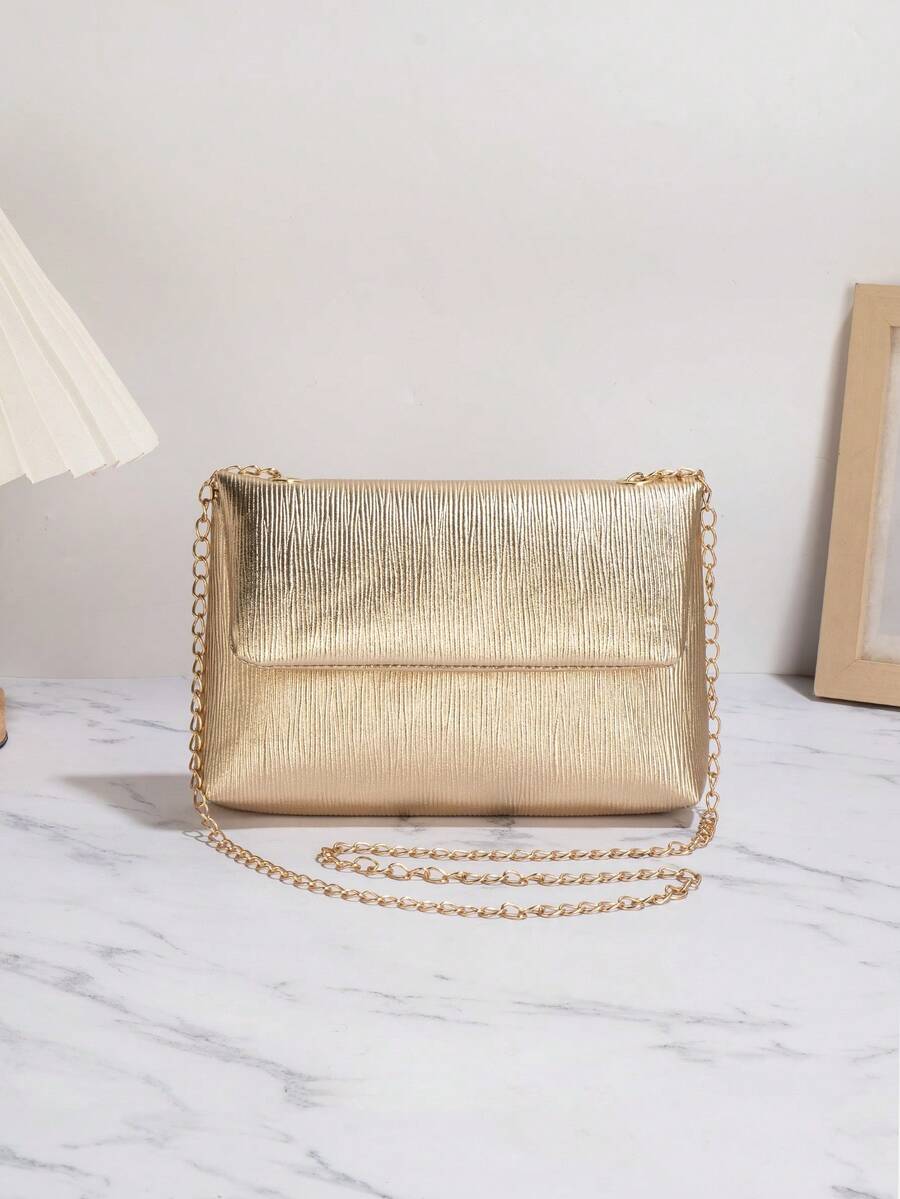 New European And American Style Gold Chain Crossbody Bag, Fashionable Portable Storage Bag, Pleated PU Dinner Bag, Solid Color Flap Shoulder Bag, Flap Coin Mobile Phone Bag, Very Suitable For Women, Girls, Students, Back To School, Wedding Banquet, Festival, Wedding Party, Commuting, Shopping, Exquisite Matching. - Vàng - Xem 1