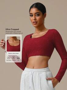 Sodalemon Women 1PC Fitness Training Long Sleeve Elastic Crop Top Workout Casual Yoga Gym Lace Sport T-Shirt - Red - View 2