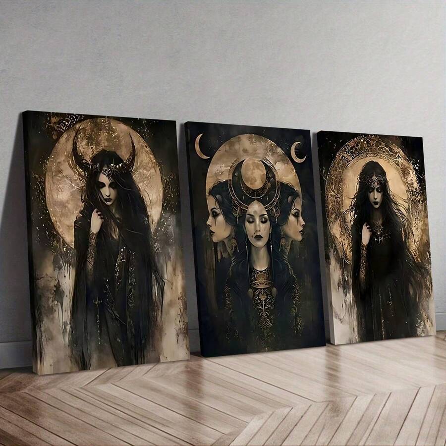 3 Tranh Nữ thần Hecate ba mặt trăng không khung - Nghệ thuật huyền bí ngoại giáo, tranh canvas đen trắng trang trí tường phòng khách, phòng ngủ, nhà bếp, phòng tắm - Tranh in nghệ thuật nữ thần kỳ ảo chống thấm nước, có thể tái sử dụng, tranh nghệ thuật phù thủy, trang trí nhà cửa, phong cách Gothic, tranh in chất lượng cao, trang trí Halloween, trang trí mùa thu. - Nhiều màu - Xem 1
