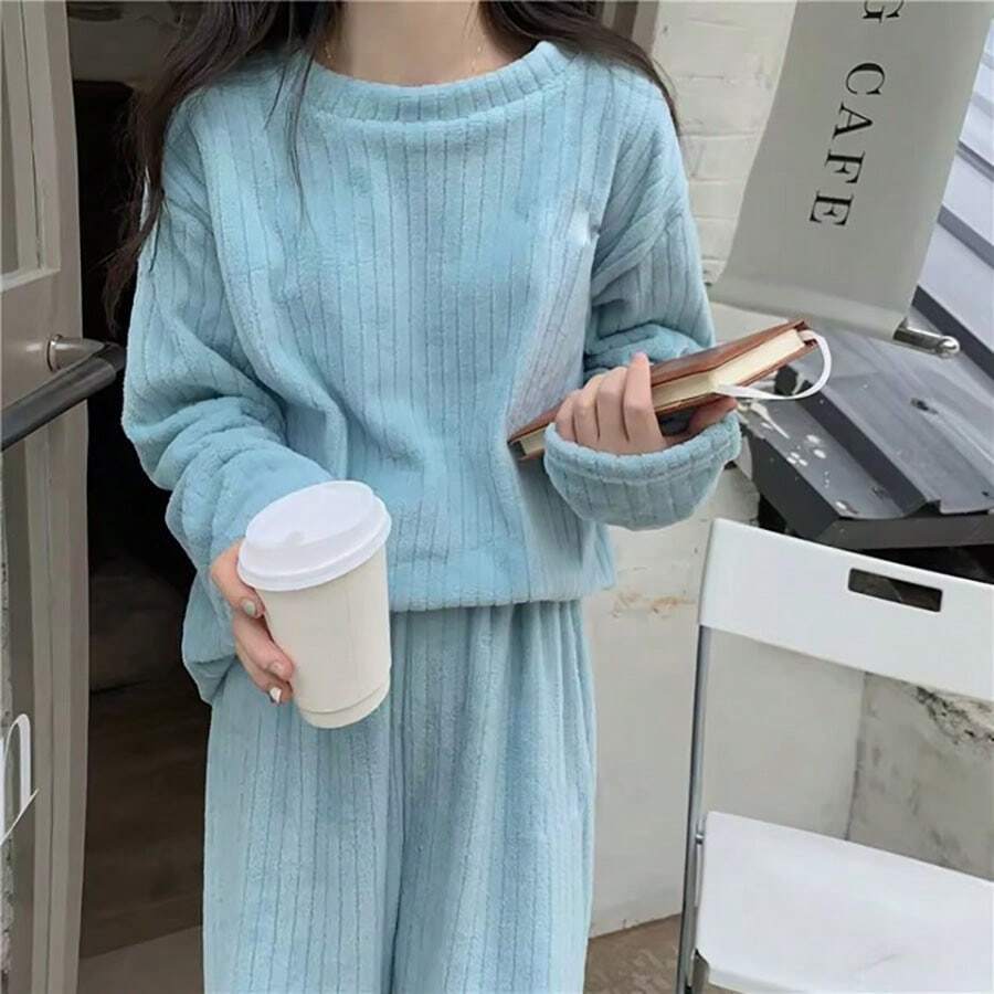 Conjunto de pijama para mujer, 2 piezas, cálidas, mullidas, de vellón, de gran tamaño, suave - Azul - Ver 1