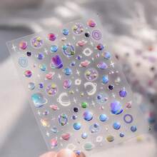 1pc Cartoon Galaxy Nail Stickers - Shiny Planets, Stars, And Hearts Design For Women And, DIY Nail Decals With Glittery Embossed Finish, Self-Adhesive Plastic, Nail Art Supplies | Cartoon Themed Nails | Embossed Finish Nails - 彩色 - 查看 10