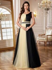 1 Stück asymmetrisches Design elegantes gerafftes Mesh-Kleid, hochwertiges Abendkleid für Hochzeiten, formelle Anlässe, geeignet für Frühling, Sommer, Herbst, Winter