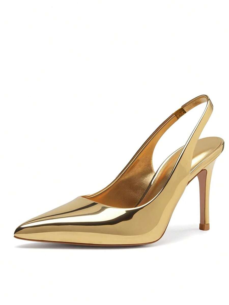 Women's Open-Back High Heels, Pointed Toe, Thin Heel, Closed-Toe High Heels, Slip-On, 7.5 Cm Heel Evening High Heels - 金色 - 查看 1