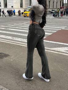 Women's Autumn Vacation Style Casual Distressed Skinny Flare Jeans, Streetwear Ins - Dark Grey - View 5