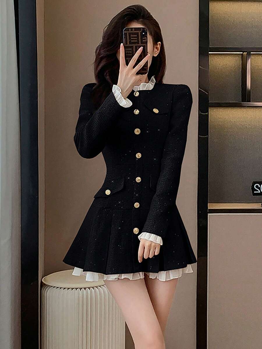 RUIWY 女士优雅修身腰部防晒披肩领黑色连衣裙，带褶边细节，适合春夏秋季 - 黑色 - 查看 1