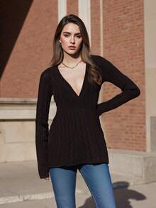 Women Cable Knit Sweater Solid V Neck Long Sleeve A-Line Pullover Tops Casual Winter Fall Clothes - màu nâu - Xem 10