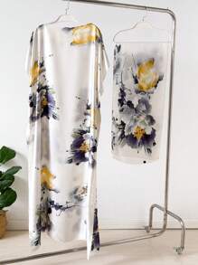 1pc Faux Silk Printed Robe, Shawl & Small Scarf Set, Women Coverup For Beach, Sun Protection, Daily Wear