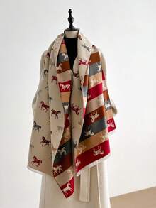 1pc Elegant High-Quality Jacquard Lamb Wool-Like Horse Pattern Scarf, Warm And Fashionable For Women, Suitable For Air-Conditioned Rooms, Autumn/Winter For Dress