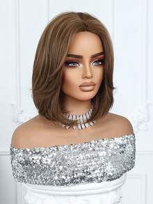 12 英寸亚麻棕色自然卷短鲍勃假发，优雅女士假发，耐热合成假发，角色扮演，节日日常时尚风格，适合万圣节和圣诞节礼物 - 亞麻棕 - 查看 8