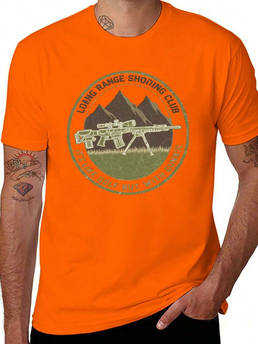 S~5XL Classic Cotton Tee | Unisex American Size | 180gsm Fabric | Men's Vintage Military Sniper Graphic T-Shirt Funny Long Range Shooting Design Casual Wear Gift For Gun Enthusiasts Print | Beach & Casual Wear - 橘色 - 查看 1