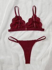Conjunto de lencería sexy para mujer con blusa de encaje con tirantes finos y espalda descubierta y braga tipo g-string