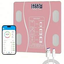 RAF 可充电智能电子秤，有黑色/白色/粉色可选，150mAh 锂电池，测量 BMI、体脂、肌肉质量，与健身应用程序同步数据 - 彩色 - 查看 9