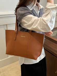 2 件/套时尚休闲大容量字母印花 PU 手提包和钱包，适合女性购物、通勤、旅行和日常使用 - 彩色 - 查看 6