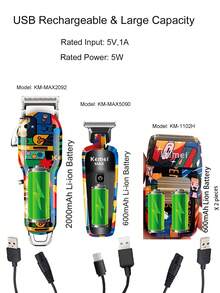 3件Kemei品牌理髮器和剃鬚刀1套塗鴉設計專業電動理髮器KM-MAX2092/KM-MAX-5090/KM-1102H電動剃鬚刀組合，適用於理髮店沙龍或家庭每日使用理髮機0mm間隙雕刻頭理髮器剃刀