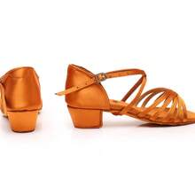 1 Đôi giày khiêu vũ Latin dành cho nữ, đế mềm, gót vừa, chất liệu satin, giày khiêu vũ chuyên nghiệp cho trường dạy khiêu vũ, biểu diễn khiêu vũ - màu nâu - Xem 5