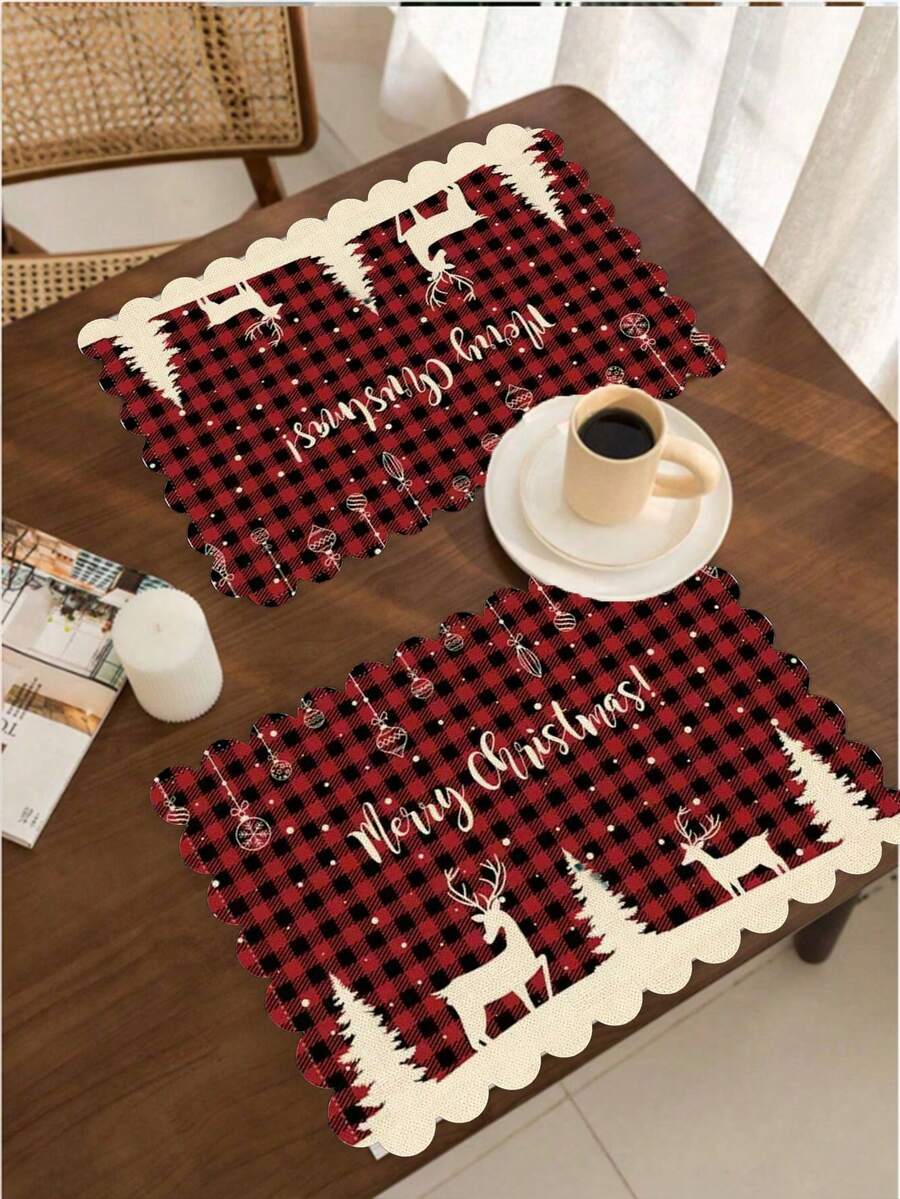 2pcs/4pcs Creative Christmas Party Linen Insulated Mat With Wavy Edge Non-Slip 12*18 Inch Heat Resistant For Christmas Holiday Farmhouse Family Gathering And Party Decoration Placemat