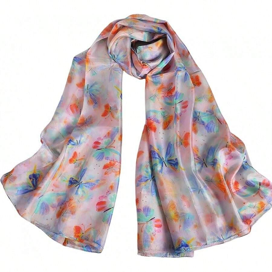 100% Mulberry Silk Scarf For Women Lightweight Long Scarves Beach Wraps Cover Up -Travel Photography Scarfhalloween - 藍色粉紅色蝴蝶 - 查看 1