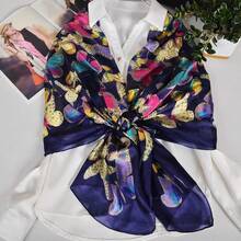 100% Mulberry Silk Scarf For Women Lightweight Long Scarves Beach Wraps Cover Up -Travel Photography Scarfhalloween - 海軍藍蝴蝶 - 查看 4