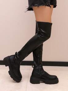 Women's Over The Knee Chunky Heel Platform Boots With Side Zipper – Stretch Thigh High Boots For Autumn Winter Streetwear Outfits - Black - View 2
