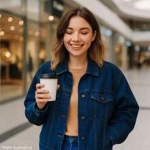 BELIME Chamarra  para Mujer  Liso    Casual    Mezclilla    Bolsillo  Botón delantero  Botón    Oversize   Diario    Azul  Managa Larga  65% Algodón