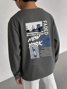 Tween Boy 图案印花圆领长袖 T 恤，秋冬上衣 - 深灰色 - 查看 7