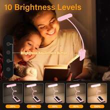 Lampe de lecture LED rechargeable à 3 couleurs avec clip - Niveaux de luminosité multiples, 3 températures de couleur, longue autonomie, col de cygne flexible, angle réglable, port de charge USB-C, conception compacte et portable pour la lecture et le travail au lit, en dortoir, au bureau à domicile - Rose bonbon - Voir 2