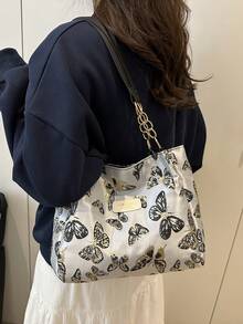 Fashionable Striped Handbag - Women's Large Capacity Shoulder Bag - Zipper Tote Bag For Daily Use - Metal Chain Tote Bag, Waterproof Nylon Material With Colorful Butterfly Pattern, Suitable For Back To School Students - Black - View 4