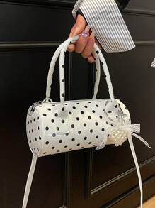 手提波点包2024新款高端撞色圆筒包辣妈百搭时尚通勤手提包爱心吊坠送女友礼物首选