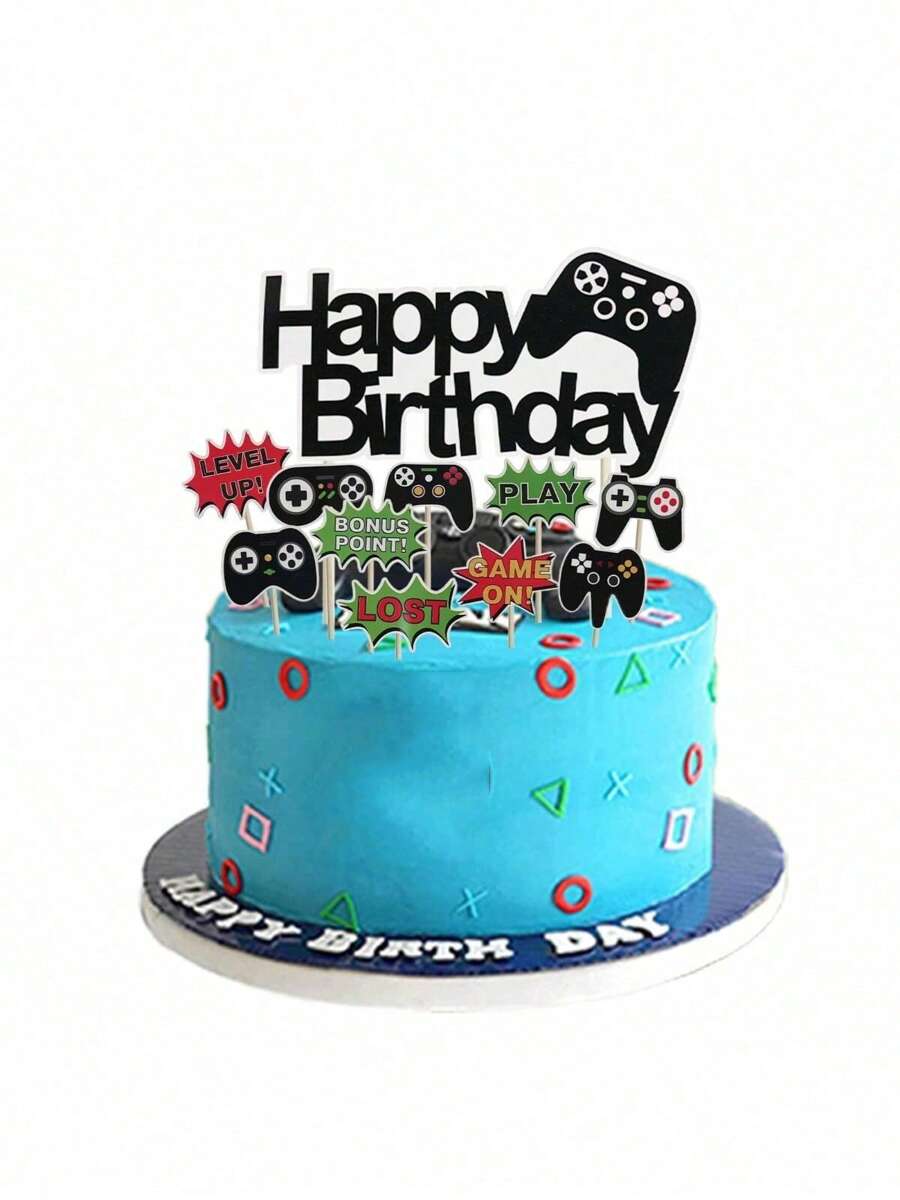 9 件生日快乐蛋糕装饰、电子游戏蛋糕装饰、电子游戏主题装饰、B A B Y 男孩沐浴生日派对用品、化妆派对、角色扮演派对、情人节