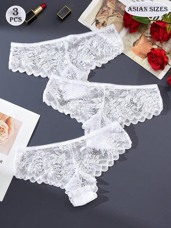 Calcinha feminina sexy triangular, 3 peças, cintura baixa, renda translúcida, branca pura, estampa floral, fofa, doce, para meninas, uso diário, confortável, casual, lingerie sexy feminina