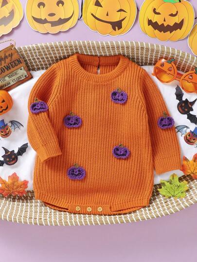 Macacão de bebê outono/inverno, decoração de abóbora 3D feita à mão, fecho de pressão triangular na virilha