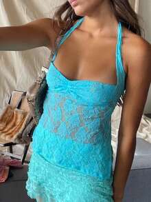 Women's Y2K Sexy Halter Tank Tops Slim Fit Lace See Through Backless Tie Up Sleeveless Vests Summer Going Out Crop Tops Streetwear Clubwear - 藍色 - 查看 2