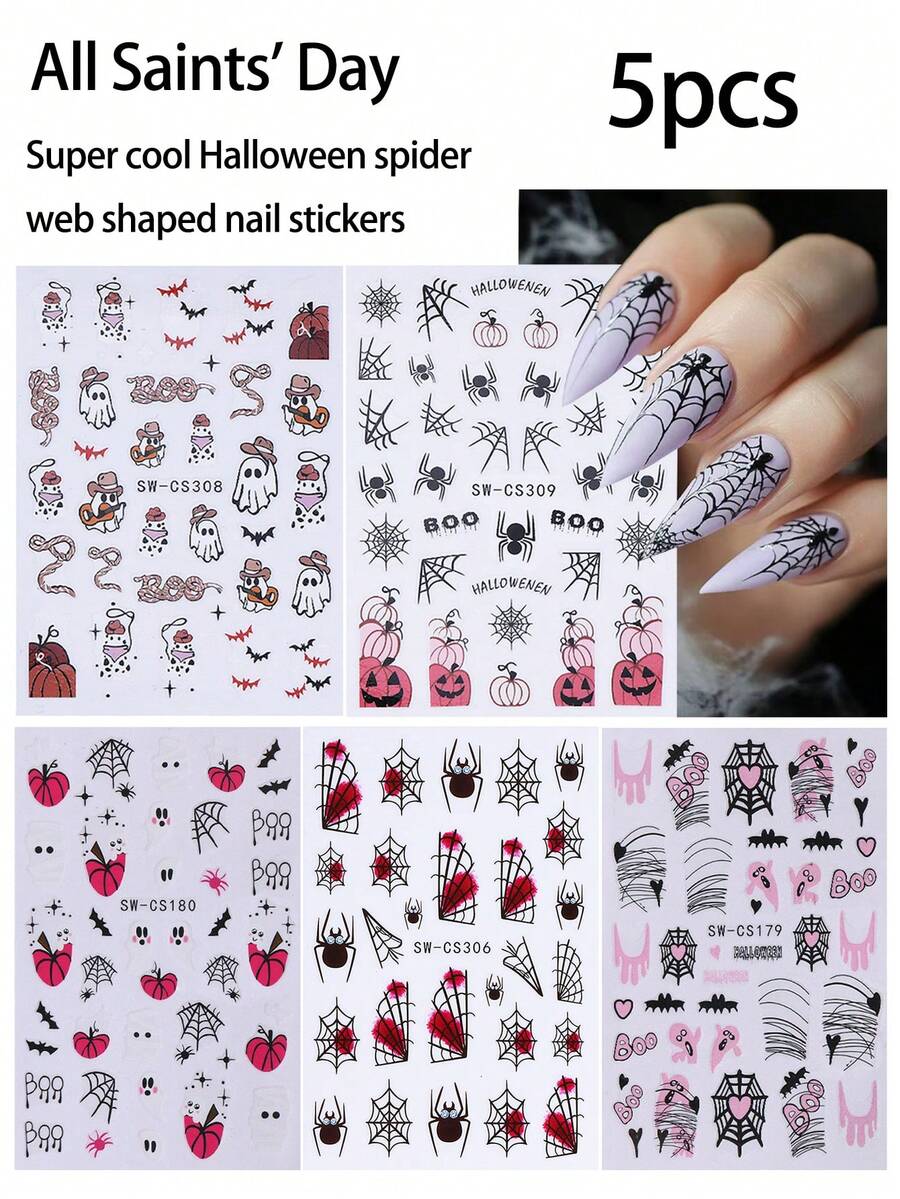 1/5 Peças Adesivos de Unhas de Halloween, Novos e da Moda Aranha, Abóbora, Estampa de Vaca, Fantasma, Teia de Aranha, Aranha Coração, Decalques de Arte de Unhas com Letras, Acessórios de Unhas, Variedade de Estilos para Design de Unhas DIY da Moda, Ferramentas de Manicure Interessantes e Minimalistas, Adequado como Presente para Família, Namorada, Melhores Amigas