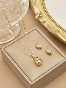 1 chiếc vòng cổ trang sức sang trọng bằng thép không gỉ hình giọt nước đính đá Rhinestone hoàn toàn thời trang dành cho nữ, 1 đôi bông tai trang sức sang trọng bằng thép không gỉ hình giọt nước đính đá Rhinestone hoàn toàn thời trang dành cho nữ - Vàng - Xem 2