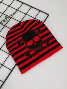1pc Women's Jacquard Striped Skull Pattern Knit Beanie Hat, Warm & Casual For Halloween Party