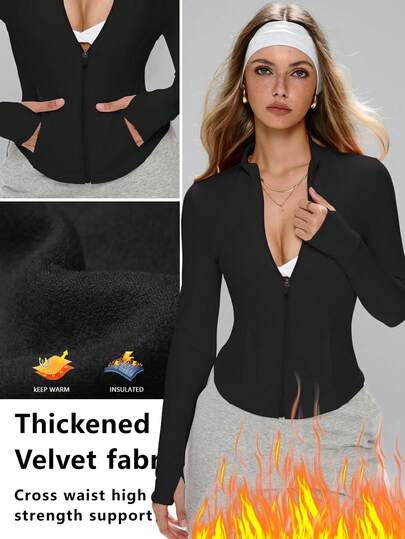 FWH Waist-Cinching Silhouette,Thumbhole Cuffs,Plush Thermal Lined,Professional Aesthetic,With Athletic Functionality,Professional Workout Jacket,Office-Friendly Gym Coat,Women's High-Neck Exercise Jacket,Slim-Fit Workout Coat With Thumbholes For Professional Women,Elegant High-Neck Fleece Jacket
