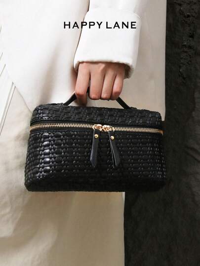 2025 新款设计感小众编织纹理简约时尚盒子包，轻巧便携迷你紧凑型通勤奢华女士手提包、单肩包、斜挎包、女士托特包，是送给女性、母亲、教师、朋友、伴娘的理想礼物 - 旅行、度假、购物、约会、通勤