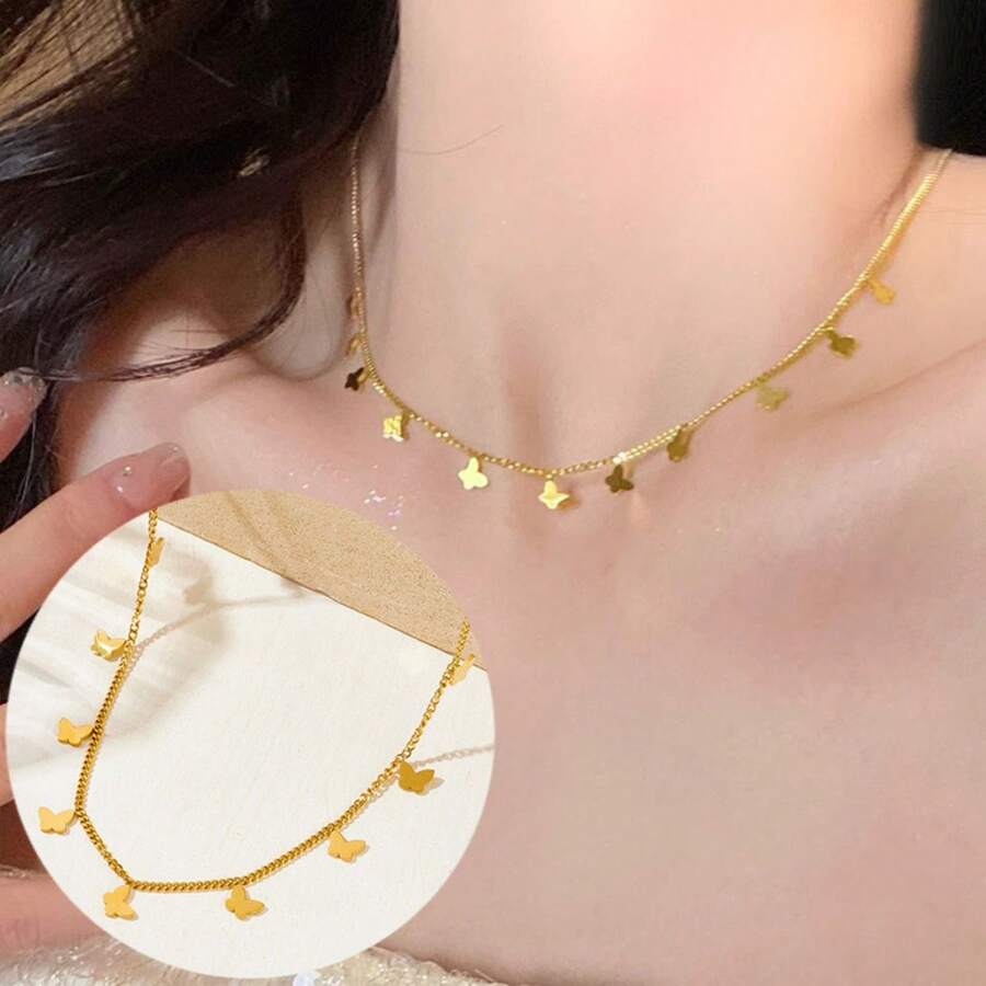 European And American Cross-Border 18K Stainless Steel Butterfly Necklace With Female Niche Design, Cold Style, And Internet Celebrity - Vàng - Xem 1