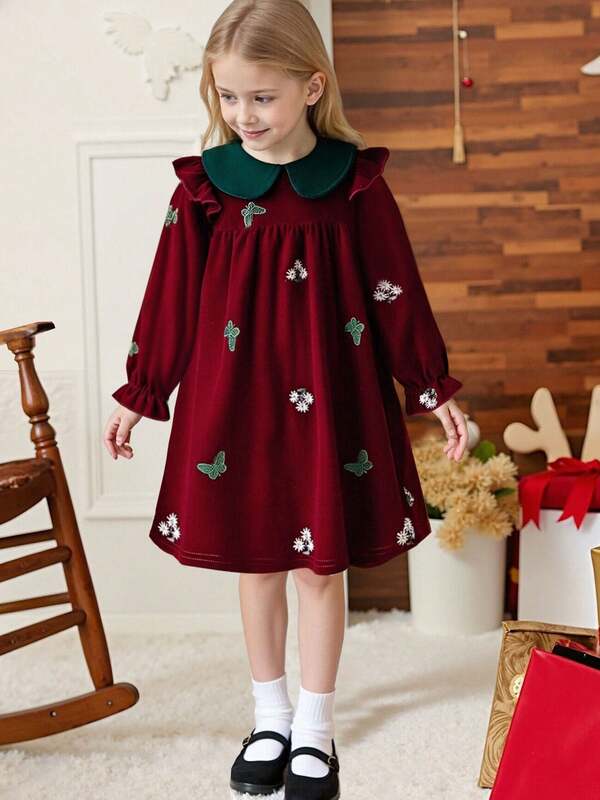 Vestido vintage/de terciopelo para niñas, vestido holgado con cuello Peter Pan de color contrastante con bordado floral de mariposa, estilo de princesa dulce para primavera/otoño, adecuado para reuniones familiares, fiestas de Navidad, ocasiones especiales y uso diario