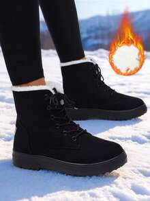 女式轻便厚实保暖雪地靴，短筒，冬季毛绒内衬，圆头，加大码，耐寒，平底，防滑，尺码 35-44 - 黑色 - 查看 4