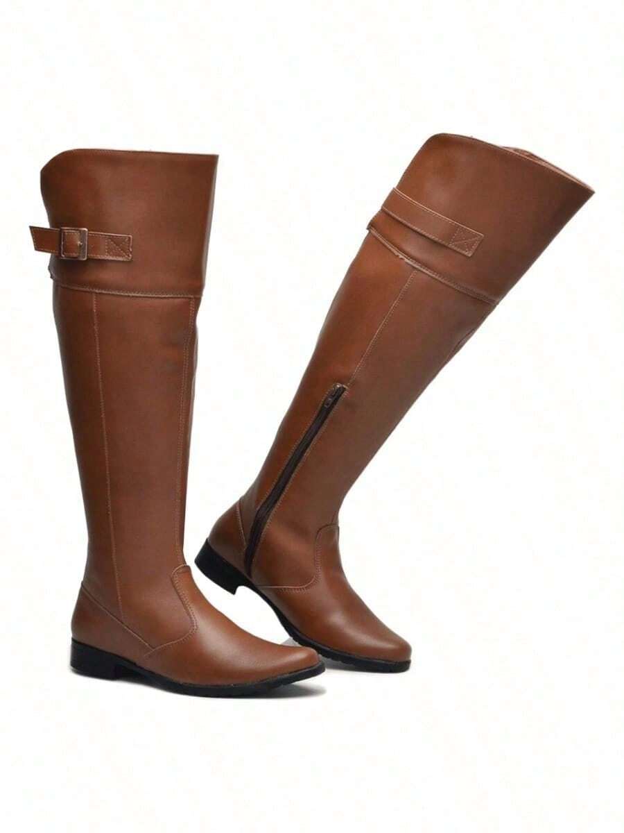 Women's Leather Over-The-Knee Riding Boot, Low Heel, High Shaft, Calf Adjustment With Elastic, Long Shaft Boot - 棕色 - 查看 1