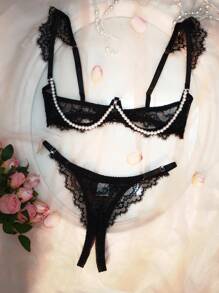 Black Cap Sleeve Comfortable Lace Sheer Pearl Decor Sexy Lingerie Set For Women