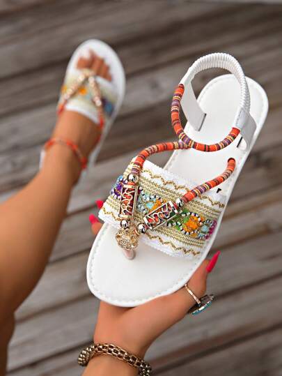 Neue Damenhausschuhe, lässiger römischer Retro-Stil, bequeme dicke gewebte Sohlen, Sommerstrandschuhe