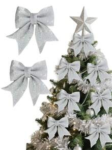 2pcs Large Silver Flashing Ribbon Bow Ties, Red Bows - Christmas Wreath Bows, Christmas Flashing Bow Wreaths, Christmas Tree Party Decorations, Christmas Decorative Wreath Decorations, Suitable For Big Gifts - Indoor/Outdoor Use - Silver - View 9