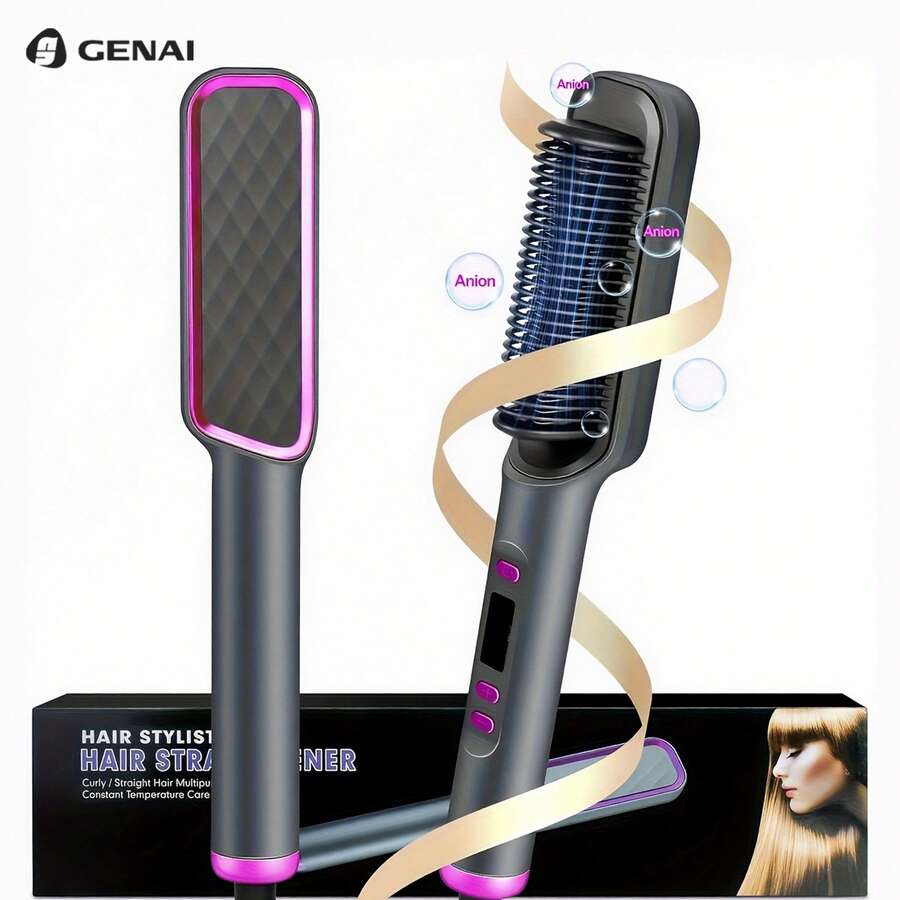 GENAI 2-In-1 Hair Straightener & Curler Brush – 4 Temp Settings, Anti-Frizz Fast Heat Tool For Silky Hair | Back To School & Holiday Gift For Women