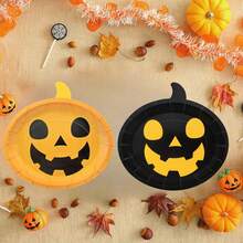 Halloween Kürbis Pappteller für Tischpartys und Feiern, 26cm/10,3 Zoll Einweg Kürbis-förmige orange/schwarze dekorative Geschirr Dessert- und Dinnerplatten für Familienfeiern, Geburtstagsfeste, Hochzeiten, Picknicks, BBQ