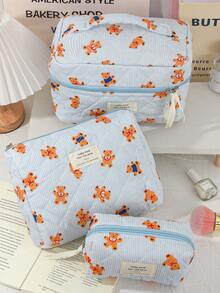 1 Pc/Set Cute Strip Print Cosmetics Storage Bag Foam Quilted Make Up Bag Cartoon Bear Pattern Travel Toiletry Bag Cute Blue Cosmetics Storage Bag Large Capacity Makeup Pouch Multi-Functional Items Organizer Bag Handheld Make Up Bag Zippered Pencil Case Jewelry Organizer Bag, Lip Oil Organizer Bag, Nail Polish Organizer Bag Sanitary Towel Storage Bag For Girl Birthday Gift Back To School Gift Girlfriend Gift - Blue - View 1