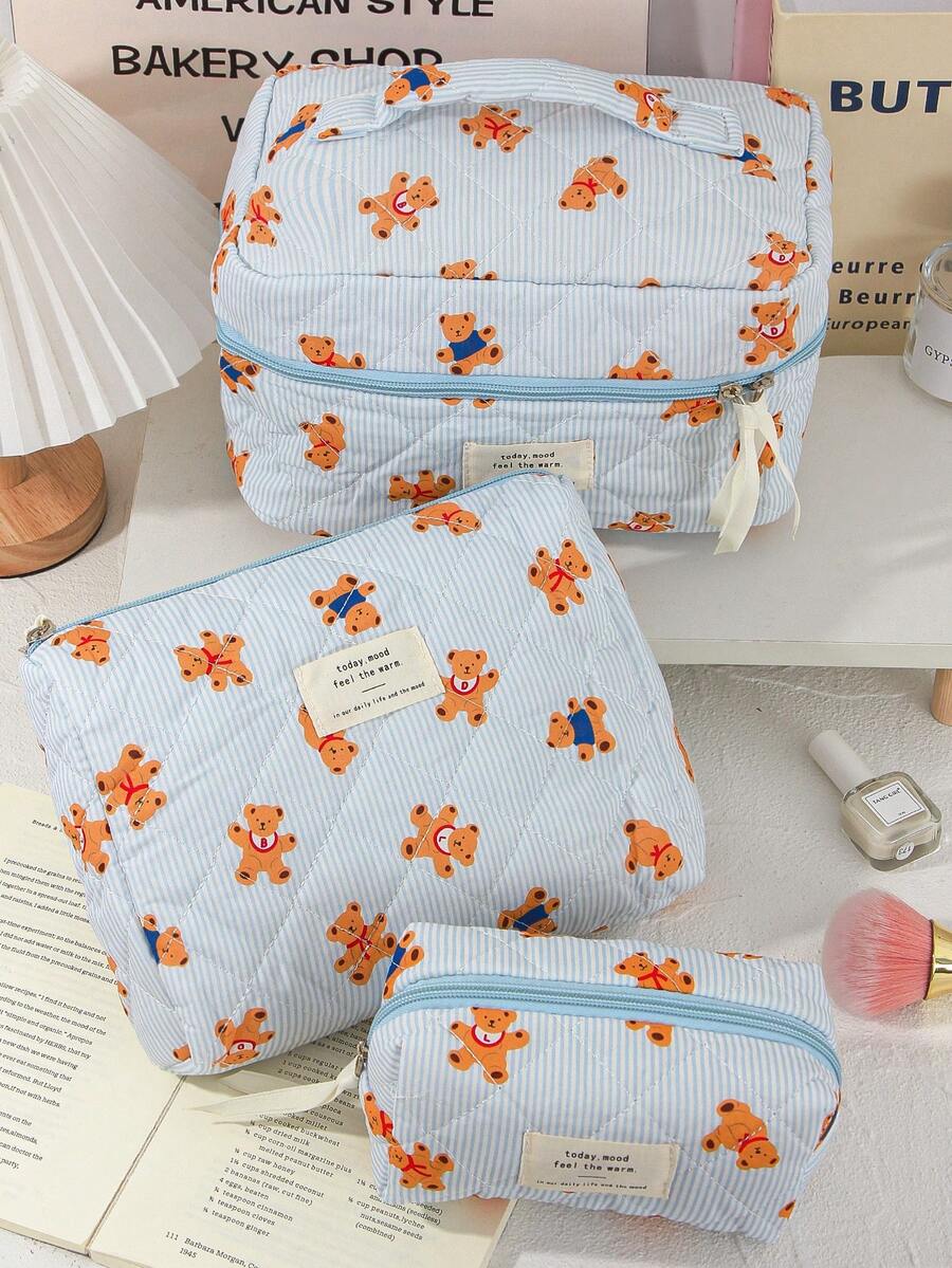 1 Pc/Set Cute Strip Print Cosmetics Storage Bag Foam Quilted Make Up Bag Cartoon Bear Pattern Travel Toiletry Bag Cute Blue Cosmetics Storage Bag Large Capacity Makeup Pouch Multi-Functional Items Organizer Bag Handheld Make Up Bag Zippered Pencil Case Jewelry Organizer Bag, Lip Oil Organizer Bag, Nail Polish Organizer Bag Sanitary Towel Storage Bag For Girl Birthday Gift Back To School Gift Girlfriend Gift - Blue - View 1
