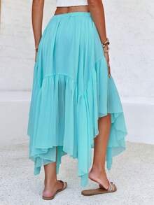 Womens Summer Boho Maxi Skirt Casual Asymmetric High-Low Hem Flowy Bohemia Long Skirt - Màu xanh lam - Xem 3
